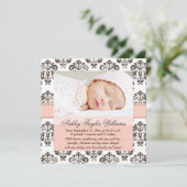 Damask Birth Announcement Roze en Brown Aankondiging (Staand voorkant)