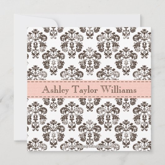 Damask Birth Announcement Roze en Brown Aankondiging (Achterkant)