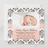 Damask Birth Announcement Roze en Brown Aankondiging (Voorkant)