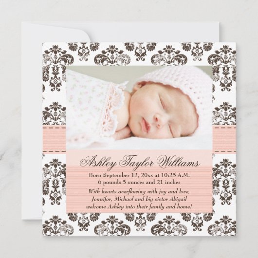 Damask Birth Announcement Roze en Brown Aankondiging (Voorkant)