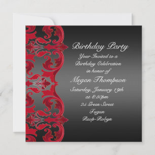 Damask Birthday Invitation Red/Black Kaart