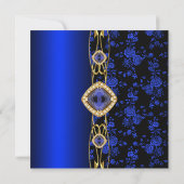 Damask Birthday Party Colbalt Blue Gold Black Kaart (Achterkant)