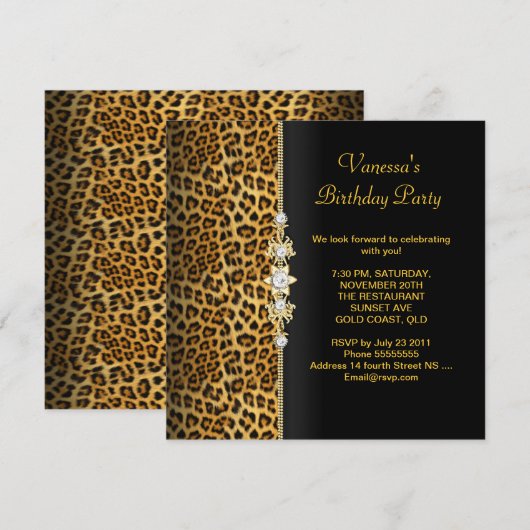 Damask Birthday Party Gold Black Leopard Kaart (Voorkant / Achterkant)