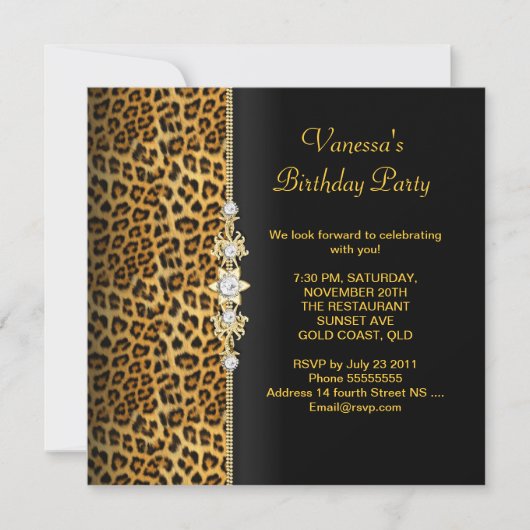 Damask Birthday Party Gold Black Leopard Kaart (Voorkant)