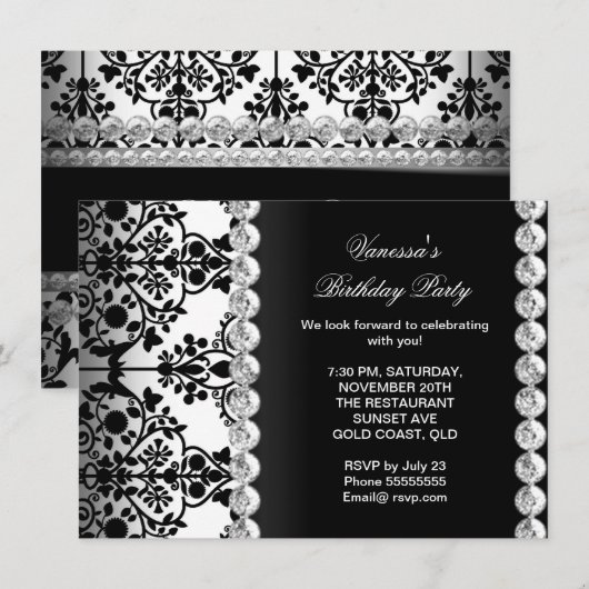 Damask Birthday Party Silver Black White Floral Kaart (Voorkant / Achterkant)