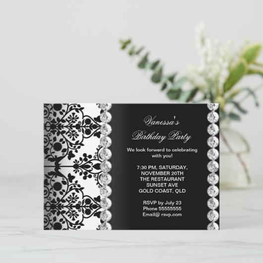 Damask Birthday Party Silver Black White Floral Kaart (Staand voorkant)