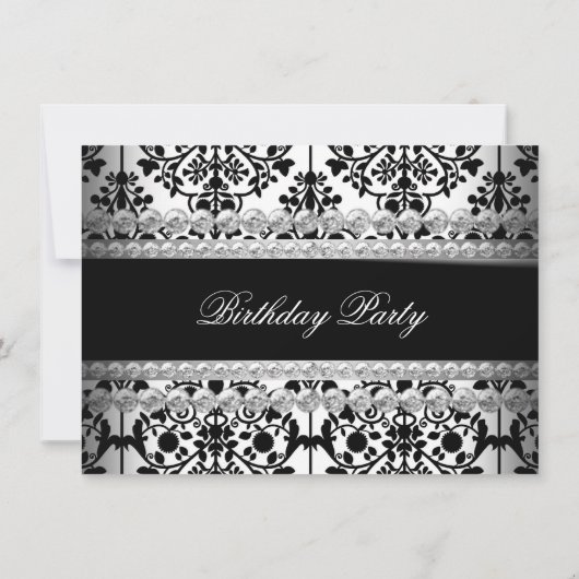 Damask Birthday Party Silver Black White Floral Kaart (Achterkant)
