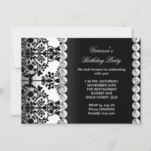 Damask Birthday Party Silver Black White Floral Kaart (Voorkant)