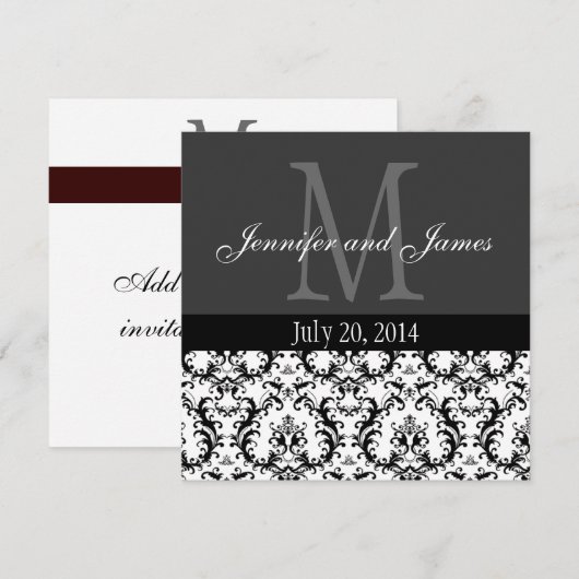 Damask Black and White Monogram Wedding Invitation Kaart (Voorkant / Achterkant)