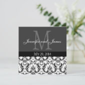 Damask Black and White Monogram Wedding Invitation Kaart (Staand voorkant)