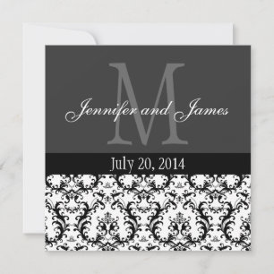 Damask Black and White Monogram Wedding Invitation Kaart