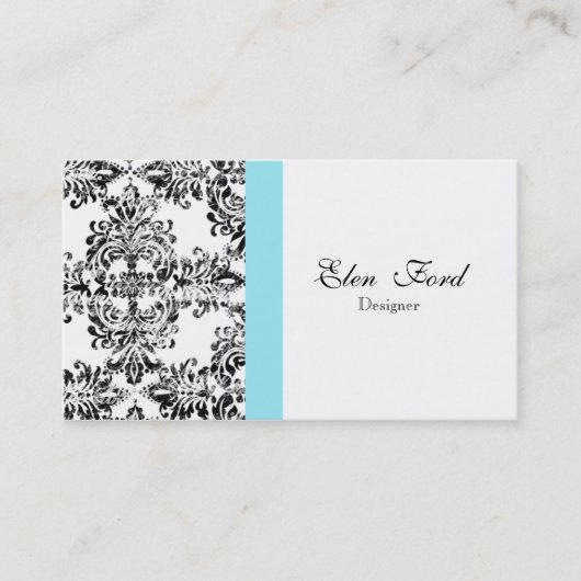 Damask Black en White en Blue Elegant Business Visitekaartje (Voorkant)
