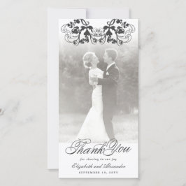 Damask Black Floral Flourish Photo Wedding Bedankkaart