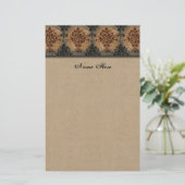 Damask Black op Tan Faux Parchment Briefpapier (Staand voorkant)