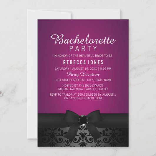 Damask Black & Pink Bow Bachelorette Party Uitnodi Kaart (Voorkant)