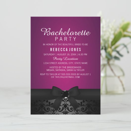 Damask Black & Pink Bow Bachelorette Party Uitnodi Kaart (Staand voorkant)