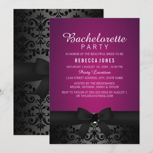 Damask Black & Pink Bow Bachelorette Party Uitnodi Kaart (Voorkant / Achterkant)