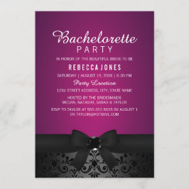 Damask Black & Pink Bow Bachelorette Party Uitnodi Kaart