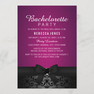Damask Black & Pink Bow Bachelorette Party Uitnodi Kaart