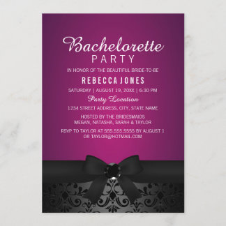 Damask Black & Pink Bow Bachelorette Party Uitnodi Kaart
