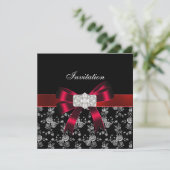 Damask Black Red White Jewel Bow Uitnodiging (Staand voorkant)