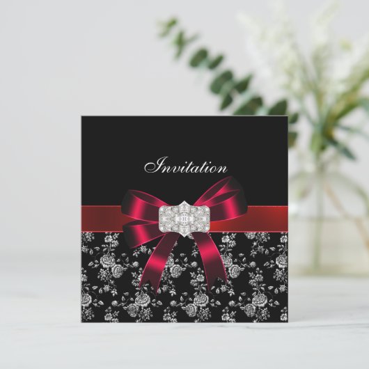 Damask Black Red White Jewel Bow Uitnodiging (Staand voorkant)