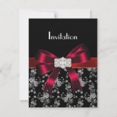Damask Black Red White Jewel Bow Uitnodiging (Voorkant)