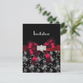 Damask Black Red White Jewel Bow Uitnodiging (Staand voorkant)