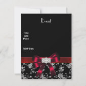 Damask Black Red White Jewel Bow Uitnodiging (Achterkant)