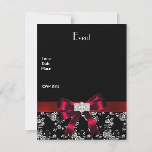 Damask Black Red White Jewel Bow Uitnodiging (Achterkant)