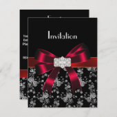 Damask Black Red White Jewel Bow Uitnodiging (Voorkant / Achterkant)