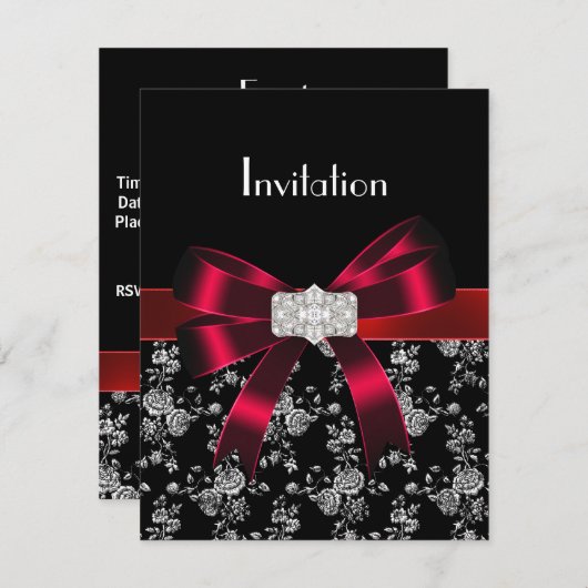 Damask Black Red White Jewel Bow Uitnodiging (Voorkant / Achterkant)