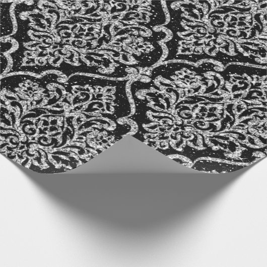 Damask Black Royal Gray Silver Glitter Cadeaupapier (Hoek)