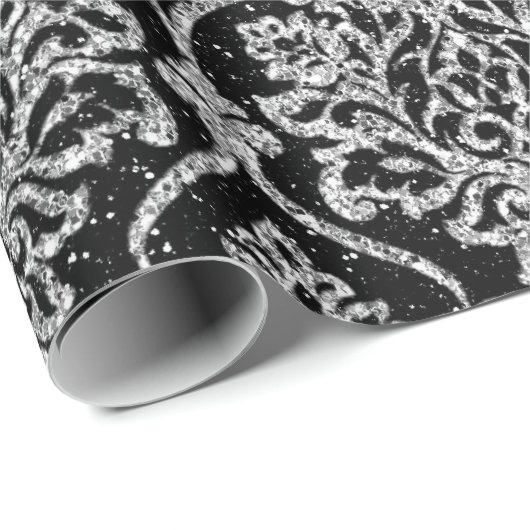 Damask Black Royal Gray Silver Glitter Cadeaupapier (Rol Hoek)