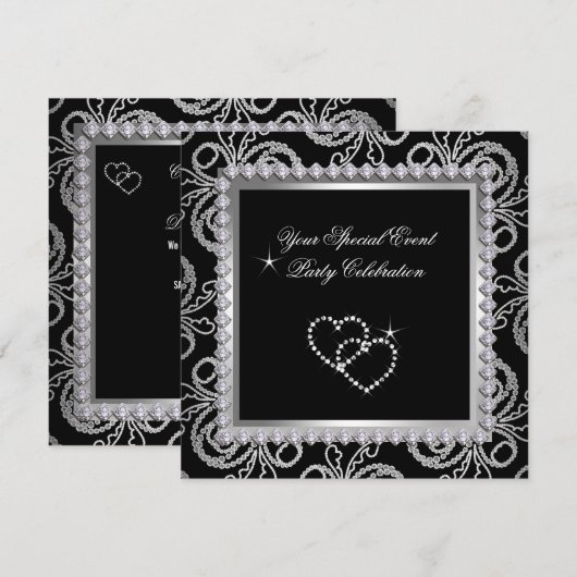 Damask Black Silver Diamonds Heart Kaart (Voorkant / Achterkant)