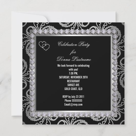 Damask Black Silver Diamonds Heart Kaart (Achterkant)