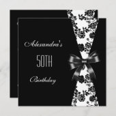 Damask Black White 50th Birthday Invitation Floral Kaart (Voorkant / Achterkant)