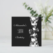 Damask Black White 50th Birthday Invitation Floral Kaart (Staand voorkant)