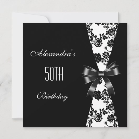 Damask Black White 50th Birthday Invitation Floral Kaart (Voorkant)