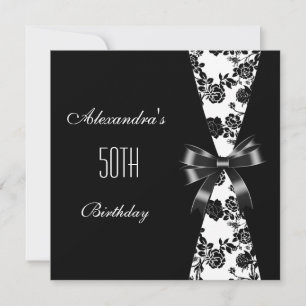 Damask Black White 50th Birthday Invitation Floral Kaart
