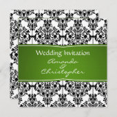 Damask Black, white and green Wedding Invitation Kaart (Voorkant / Achterkant)