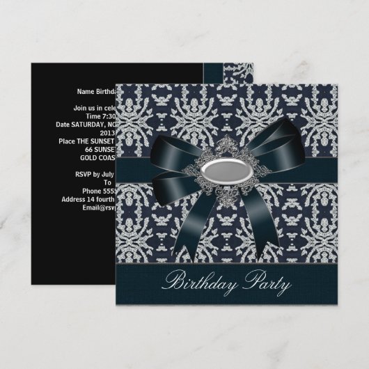 Damask Black White Bow Invitation All Occasion Kaart (Voorkant / Achterkant)
