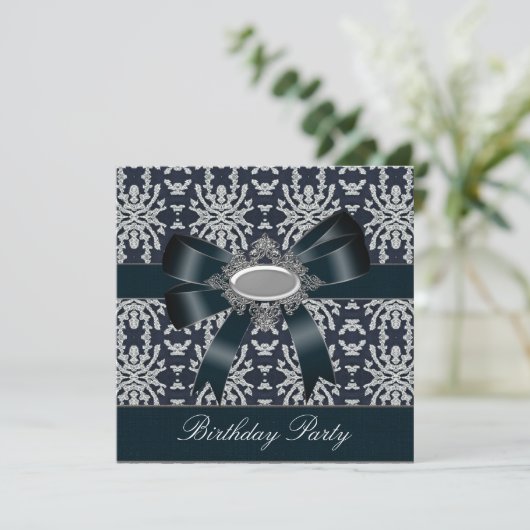 Damask Black White Bow Invitation All Occasion Kaart (Staand voorkant)