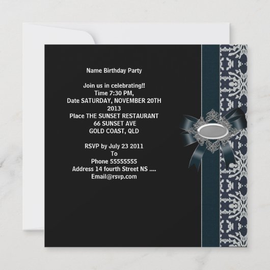 Damask Black White Bow Invitation All Occasion Kaart (Achterkant)