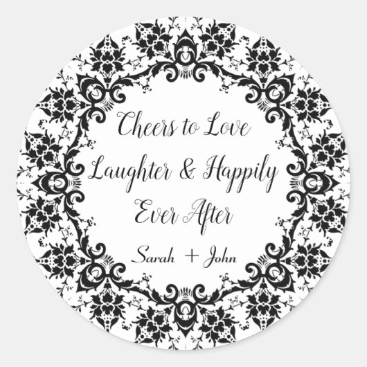Damask Black White Cheers to Love Laughter Wedding Ronde Sticker (Voorkant)