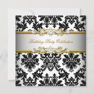 Damask Black White Gold Silver Cream Elegant Party Kaart