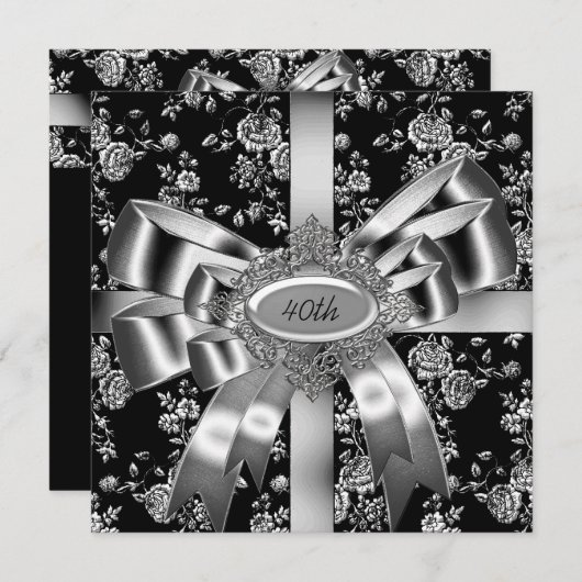 Damask Black White Jewel Silver Bow 40th Kaart (Voorkant / Achterkant)