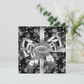 Damask Black White Jewel Silver Bow 40th Kaart (Staand voorkant)