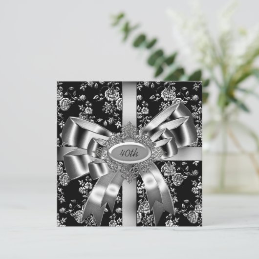 Damask Black White Jewel Silver Bow 40th Kaart (Staand voorkant)