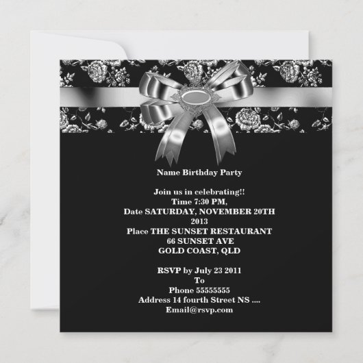 Damask Black White Jewel Silver Bow 40th Kaart (Achterkant)